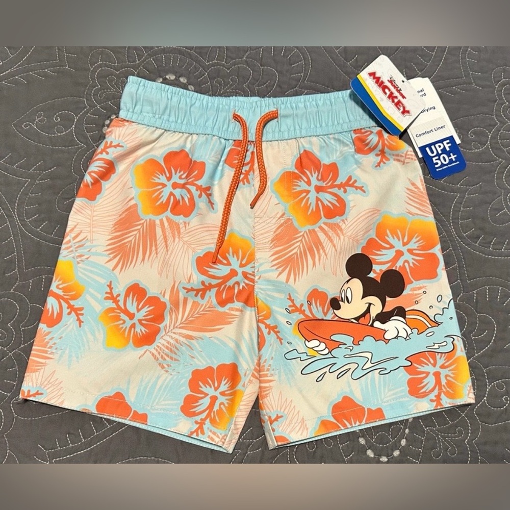 Disney Toddler Boys Surfer Mickey Mouse Aqua/Orange Swim Trunks NWT Size 2T